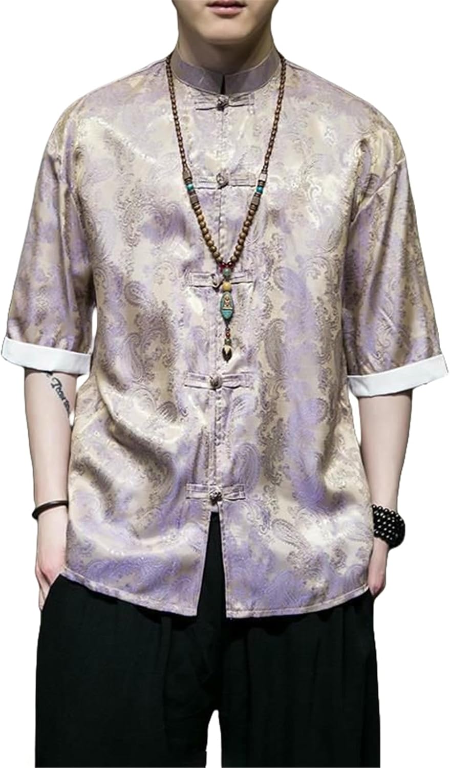 Men's Summer Chinese Style Tang Suit Loose Fit Dragon Pattern Jacquard Stand Collar Frog Button Short Sleeve Shirt
