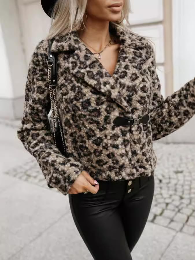 Women’s Leopard Print Faux Fur Coat – Thick Cheetah Warm Sherpa Collar Button Short Jacket Fall Winter Outerwear - Image 2