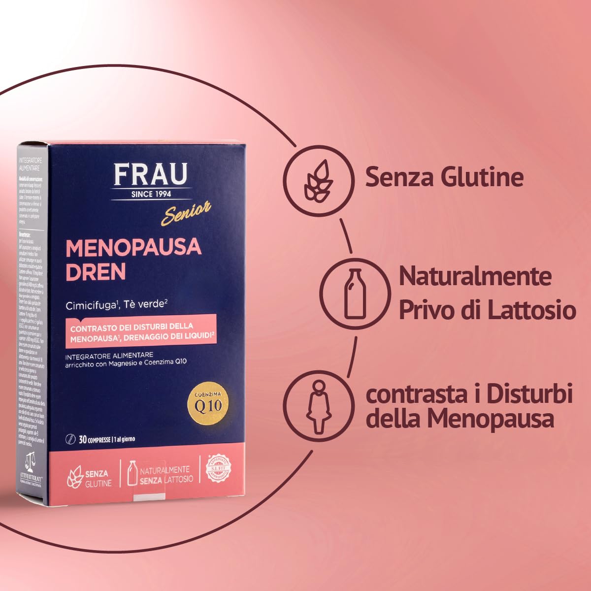 FRAU Senior, Menopausa Dren, Integratore Menopausa che favorisce il rilassamento, Integratore drenante che mantiene l'equilibrio del peso, 9 Confezioni x 30 Compresse, Senza glutine