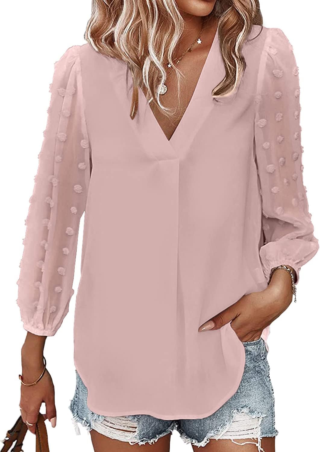 Samefar Women's Long Sleeve Pom Pom Top V Neck Pleated Shirts Casual Loose Blouse