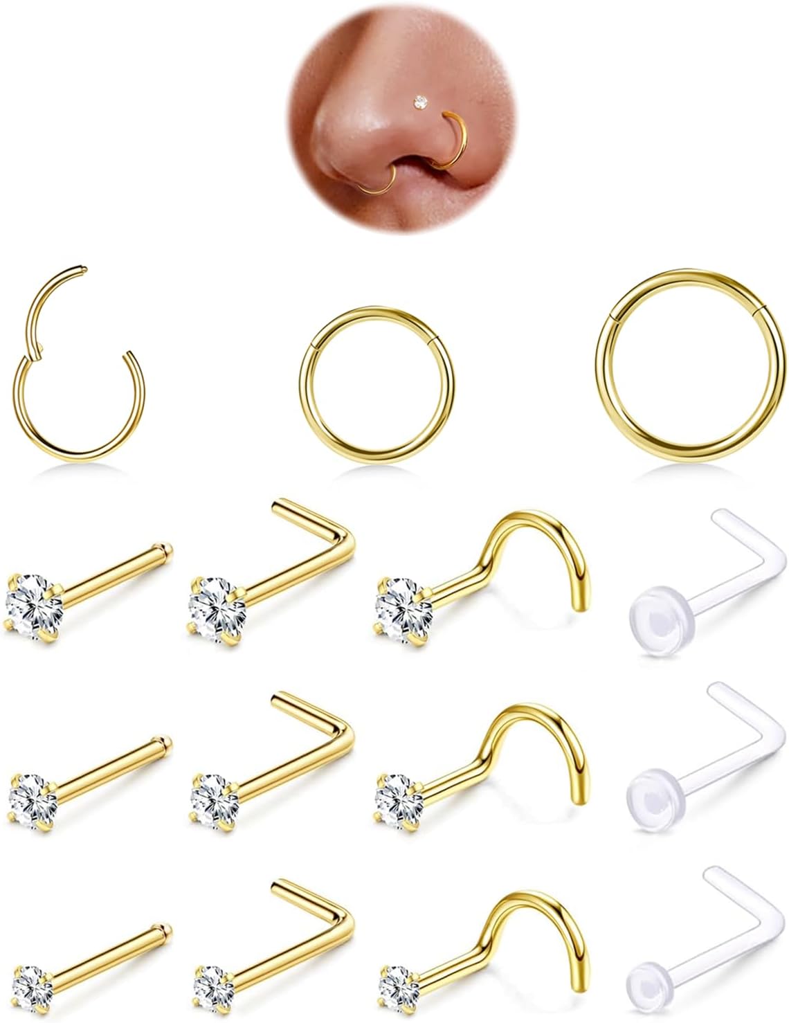 15PCS Nose Rings Studs Set for Sensitive Skin Women Men Teens: 14K Gold Plated 316L Surgical Steel 18G Nose Hoop (6/8/10mm) & CZ 20G L Shaped/Corkscrew/Straight/Clear Nose Studs (1.5-3mm) for Work Daily Sleep