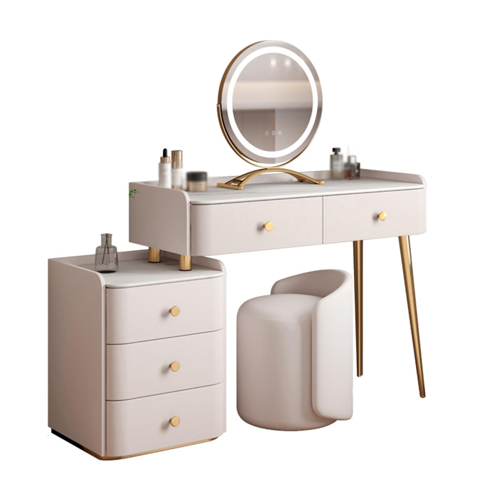 asdchZen White Makeup Desk Set-32X16X32 Inch Dressing Table With 5 Storage Drawers 3-Color Led Mirror & Cushioned Stool For Glamorous Bedroom Vanity Experience