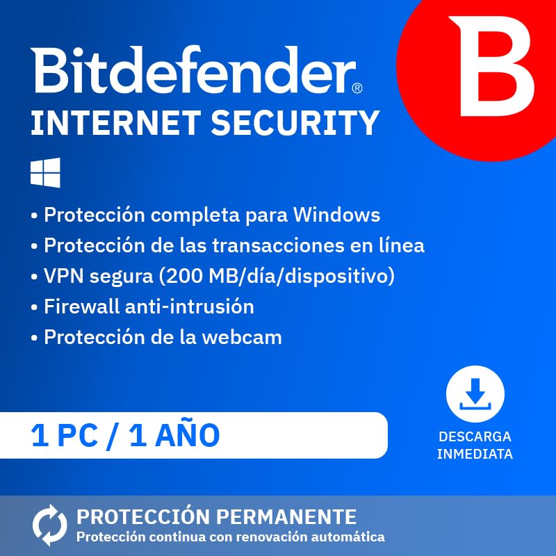 Bitdefender Internet Security| 1 Dispositivo | 1 Año | PC | Código de activación por email | Renovación automática