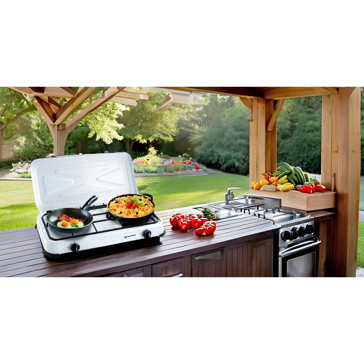 KEMPER - Plaque de cuisson gaz 2 feux portable 2600W Blanc Couvercle amovible - Réchaud Camping Connexion Bouteille de Gaz Butane/Propane simple & sécurisée