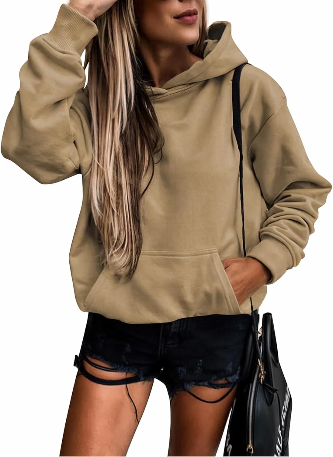 SHEWIN Women's Casual Hoodies Long Sleeve Solid Lightweight Pullover Tops Loose Sweatshirt with Pocket
