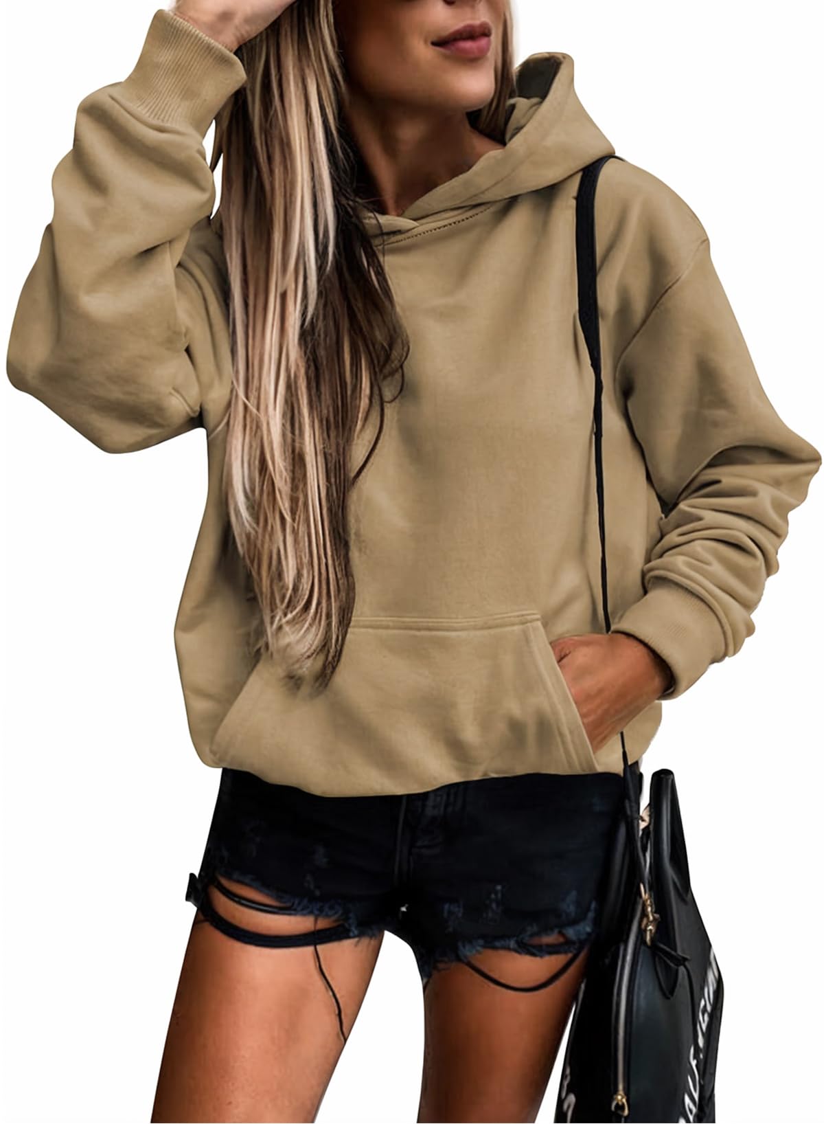 SHEWIN Women's Casual Hoodies Long Sleeve Solid Lightweight Pullover Tops Loose Sweatshirt with Pocket