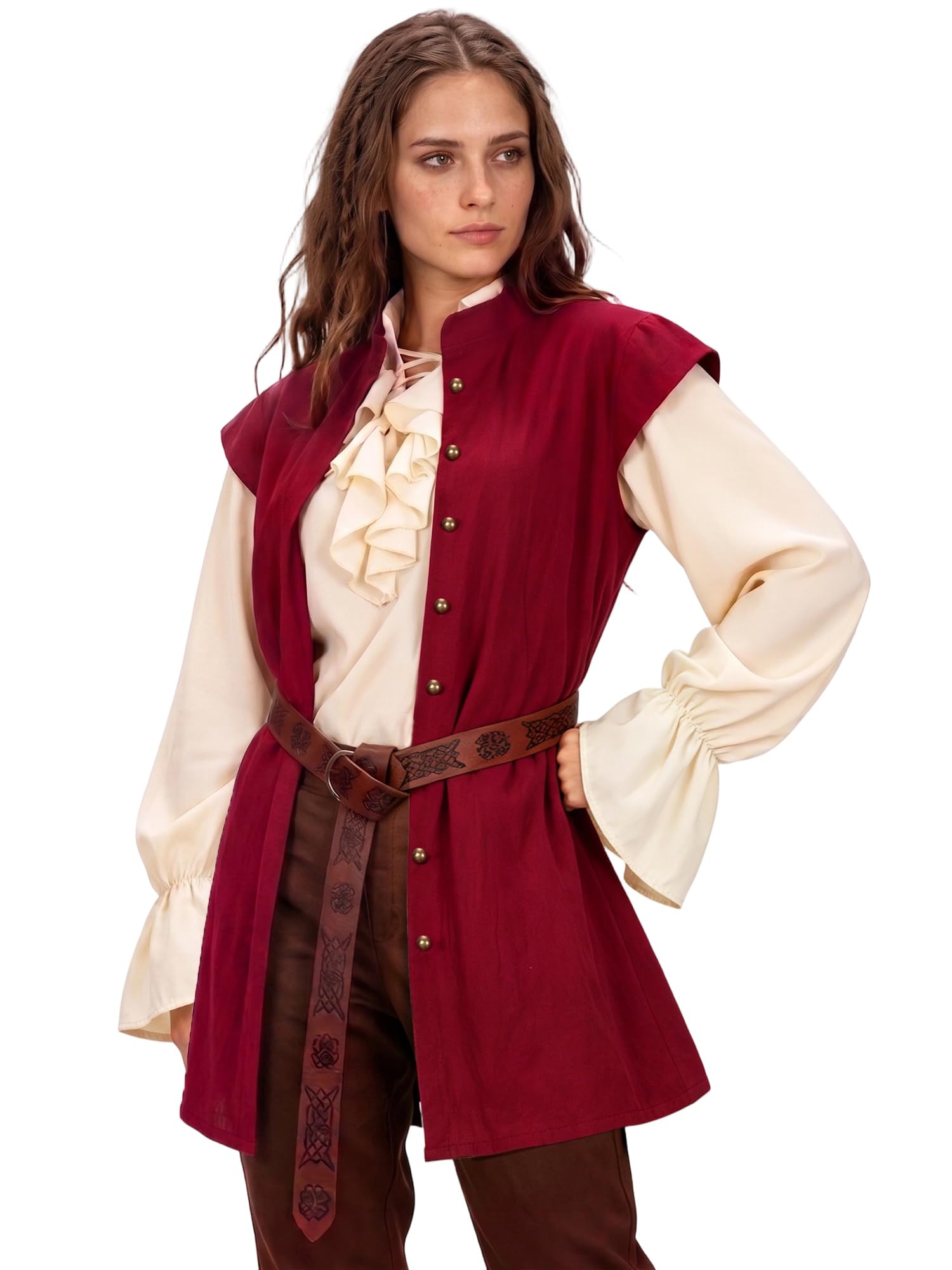 Ibeauti Women's Medieval Pirate Vest with Belt, Renaissance Sleeveless Waistcoat Tunic for Halloween LARP Cosplay Costume, Wine, X-Large/XX-Large