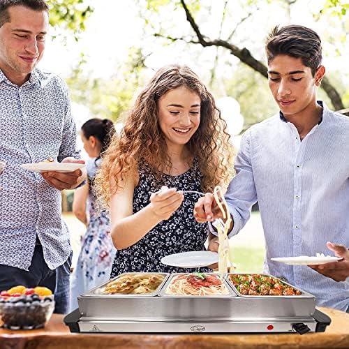 Invero® Compact 3-Section Stainless Steel Food Buffet Server and Warming Hotplate Tray with Adjustable Temperature Control, Clear Lids and Cool Touch Handles - 200W