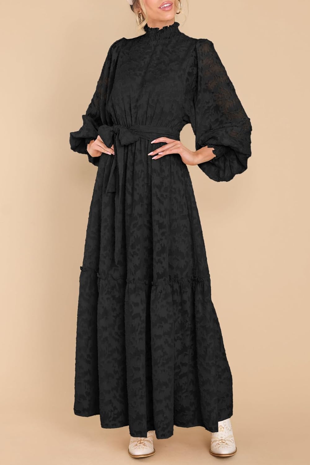 MITILLY Women's Fall Dresses Elegant Floral High Neck Long Sleeve Elastic Waist Formal Maxi Dress with Belt - Image 2