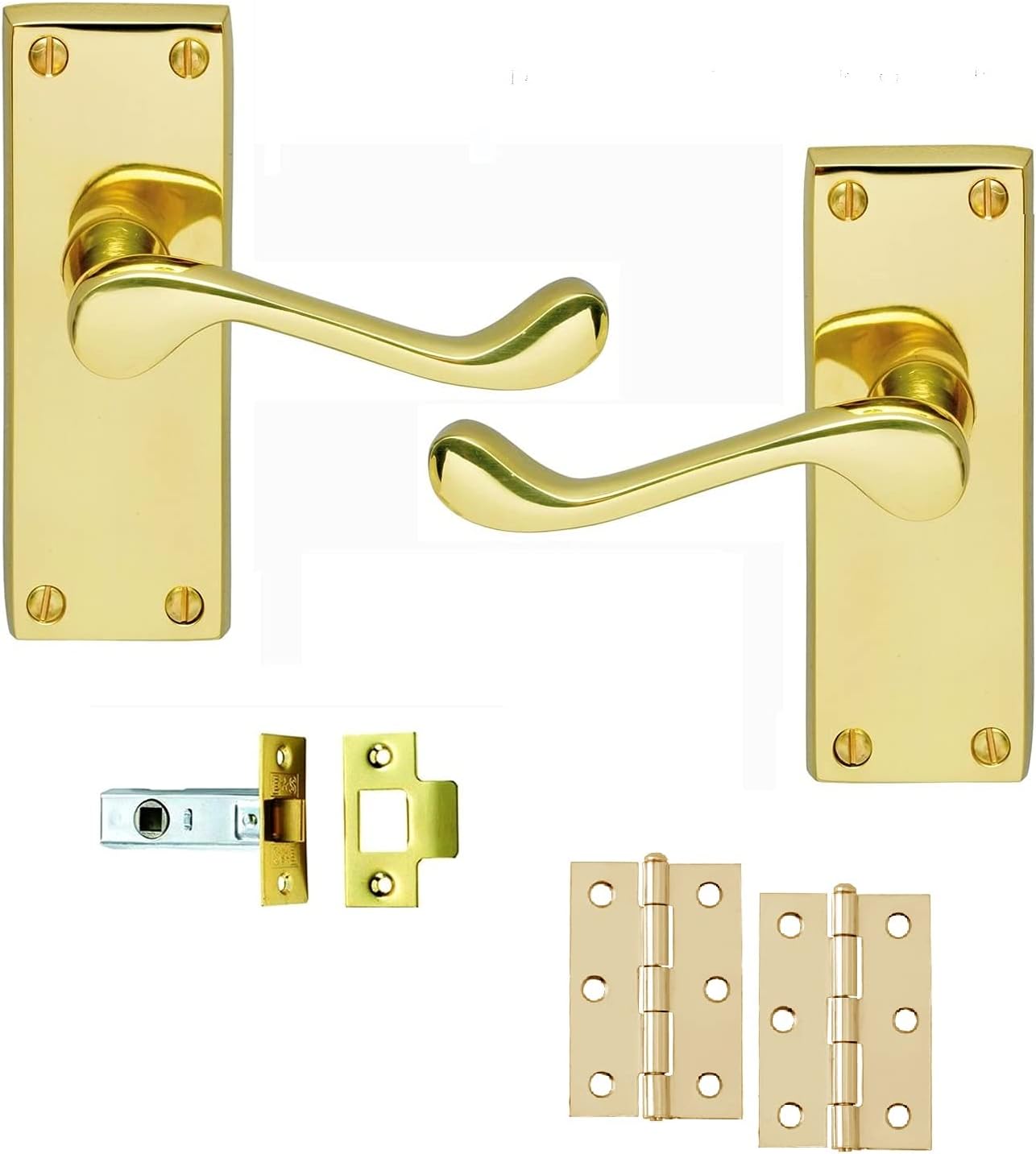 IRONZONE® 5 Pairs of Victorian Scroll Lever Latch Door Handles Polished Brass Hinge & Latch Pack