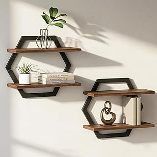 2er-Set Wandregal Holz und Metall,Schweberegal,Regalbrett,Dekorativ Regale für Wände,Hängeregale für Wohnzimmer,Schlafzimmer,Küche,Büro (Schwarz)