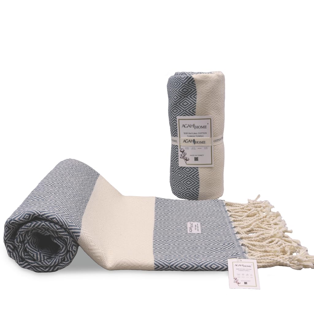 AGAH Turkish Beach Towel - Organic Cotton, 40x70 In, Quick Dry & Sand Resistant (Elmas-Teal)