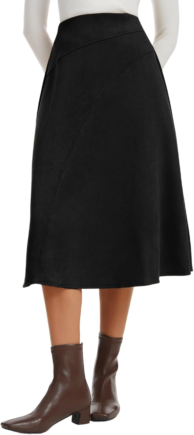 Women Faux Suede Midi Skirt High Waist A Line Skirt 2025 Trendy Fall Winter Dressy Causal Outfits