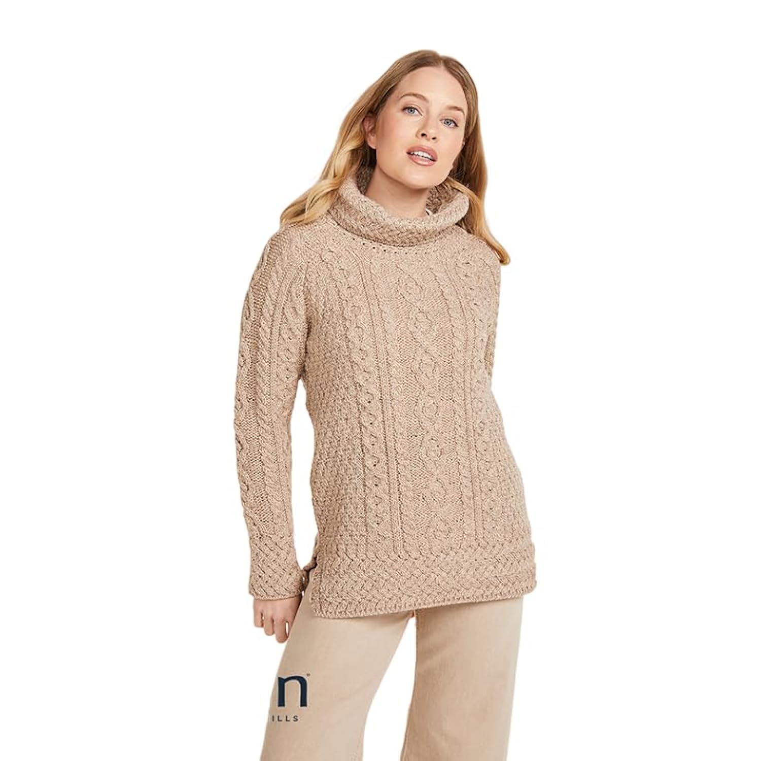 Aran Woollen MillsCarraig Donn - Ladies - 100% Soft Merino Wool - Cable Knit Sweeter Vented Roll Neck Irish Jumper
