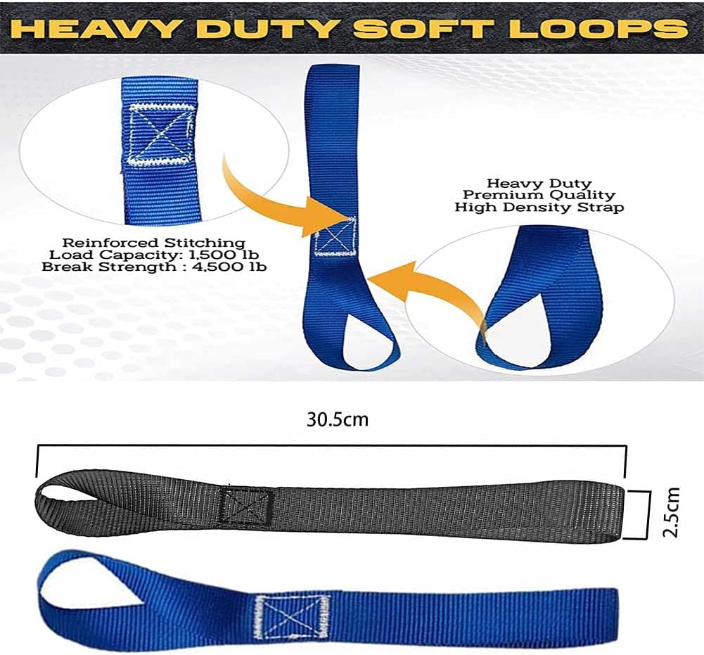 Soft Loop Tie Down Straps, Loops for Motorcycle Car Cargo Truck Boat UTV ATV TV Dirt Bikes Secure Trailer Lawn & Garden Equipment. (4-Pack)