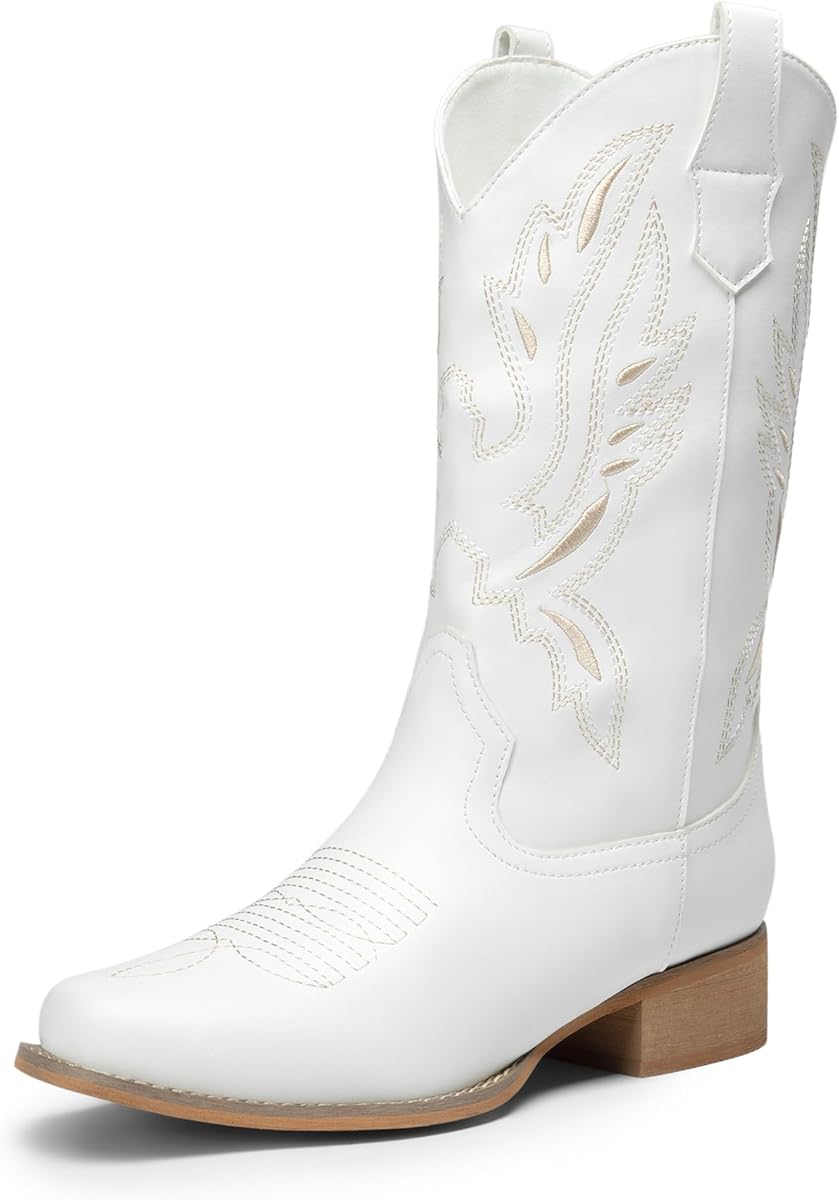 Amazon.com | DREAM PAIRS Women's Square Toe Cowboy Cowgirl Boots Pull On Low Chunky Heel Mid Calf Western Boots with Embroidered Stitched for Theme Party Country Concert,Size 8.5,White-1,SDMB2220W | Mid-Calf