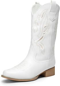DREAM PAIRS Women's Cowboy Boots Mid Calf Cowgirl Boots Chunky Embroidery Stitched Square Toe Ladies Western Boots