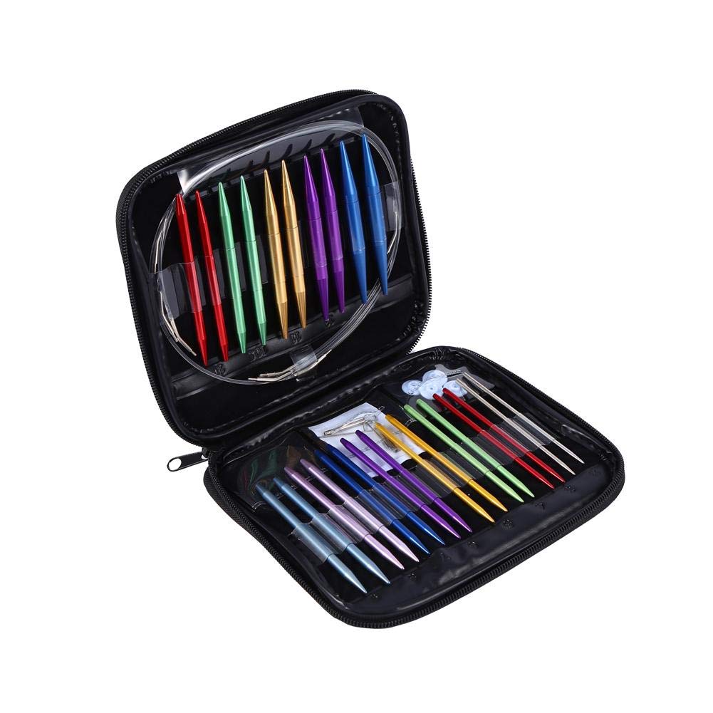 Circular Knitting Needle Kit， Akozon 1 Set Interchangeable Knitting Metal Needles Set 13 Sizes 2.75mm-10mm with Zipper Storage Case
