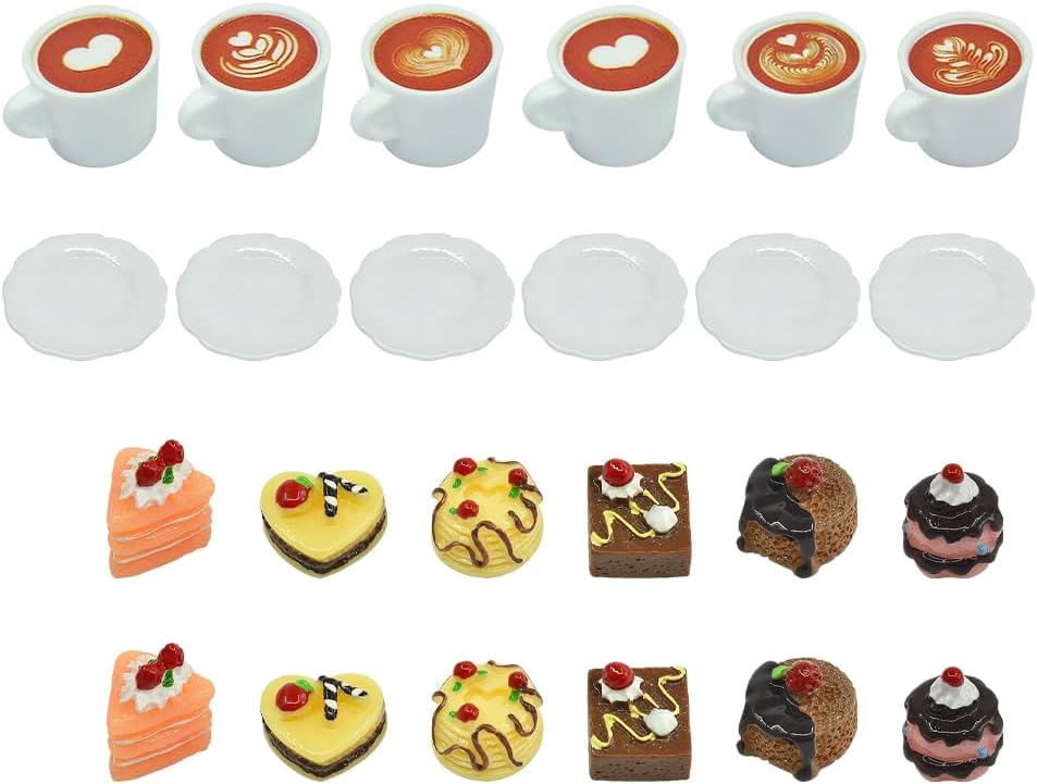 24 Pcs Miniature Dollhouse Food Set Small Resin Coffee Mugs Plates Mini Cake Desserts Tiny Doll House Coffee Cups Dollhouse Kitchen Decorations for Adults Teenagers