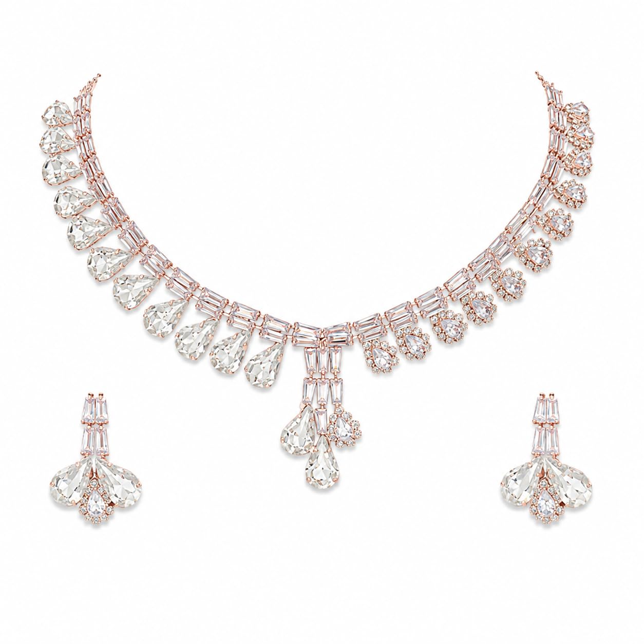 Clear Crystal Teardrop Necklace Set | Rose Gold Tone Designer Jewellery Set with Matching Earrings | Baguette Cut Statement Crystal Necklace | Wedding, Bridal & Celebration Collection-image-29