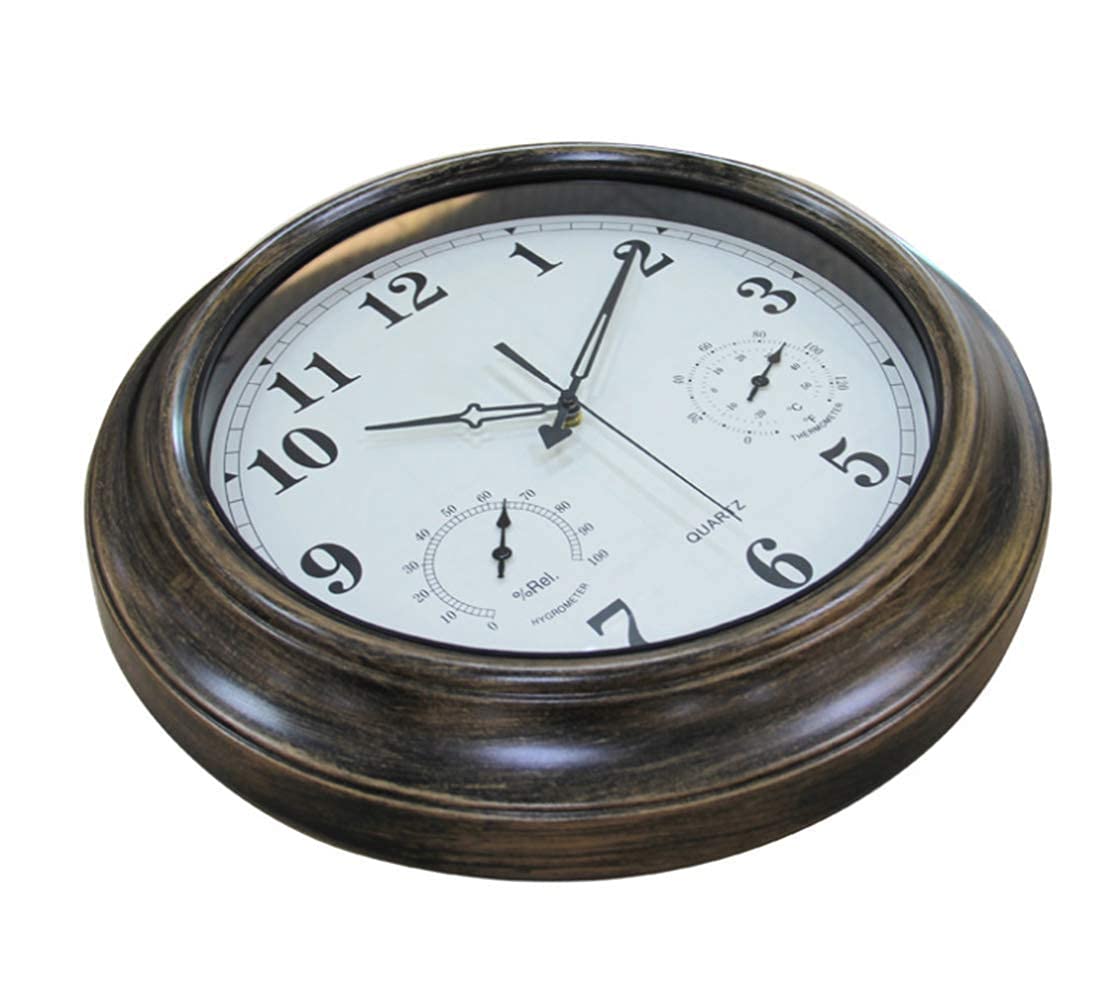 Zewnętrzny zegar ścienny, metalowy zegar ścienny retro, wodoodporny zegar ogrodowy z termometrem i higrometrem, odpowiedni do salonu, łazienki, basenu, 45 cm