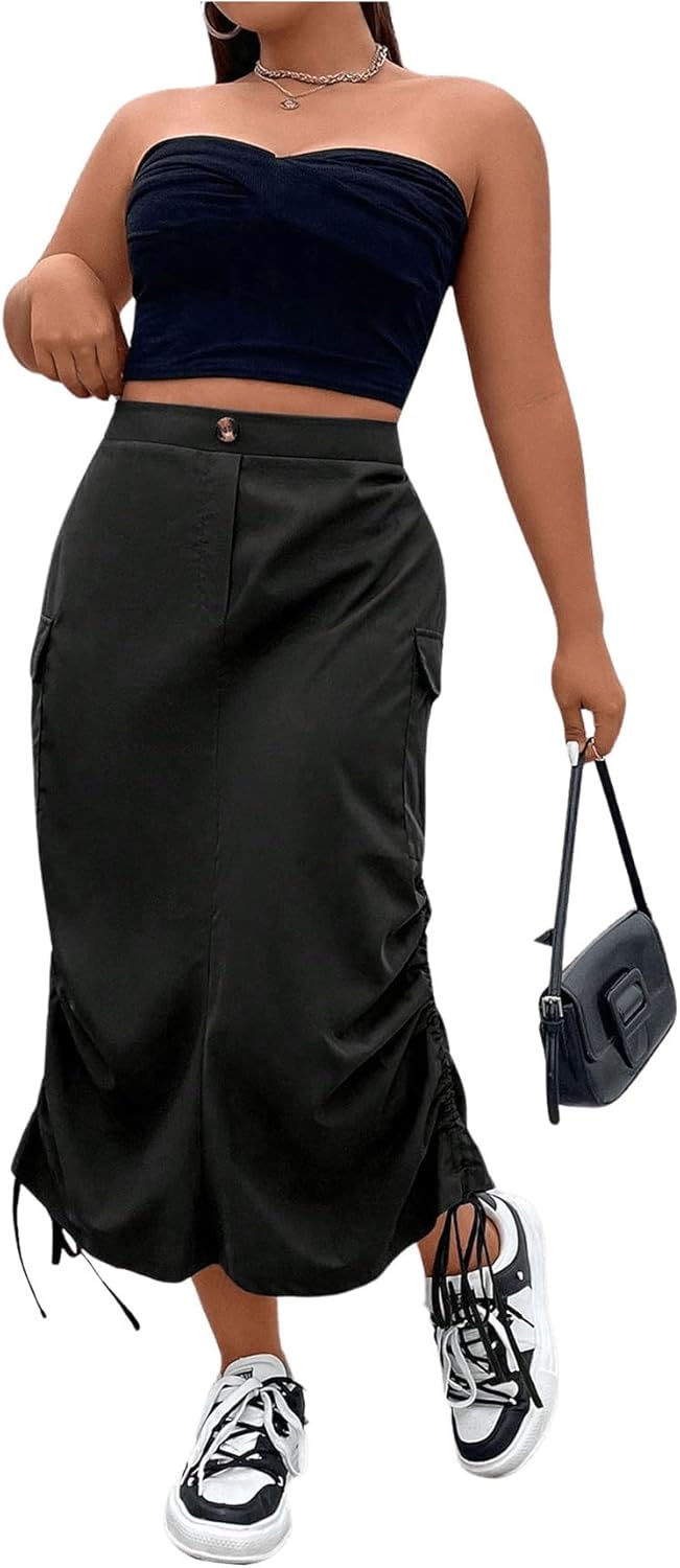 OYOANGLE Women's Plus Size Elastic High Waist Flap Pocket Drawstring Side Midi Cargo Skirts - Image 5