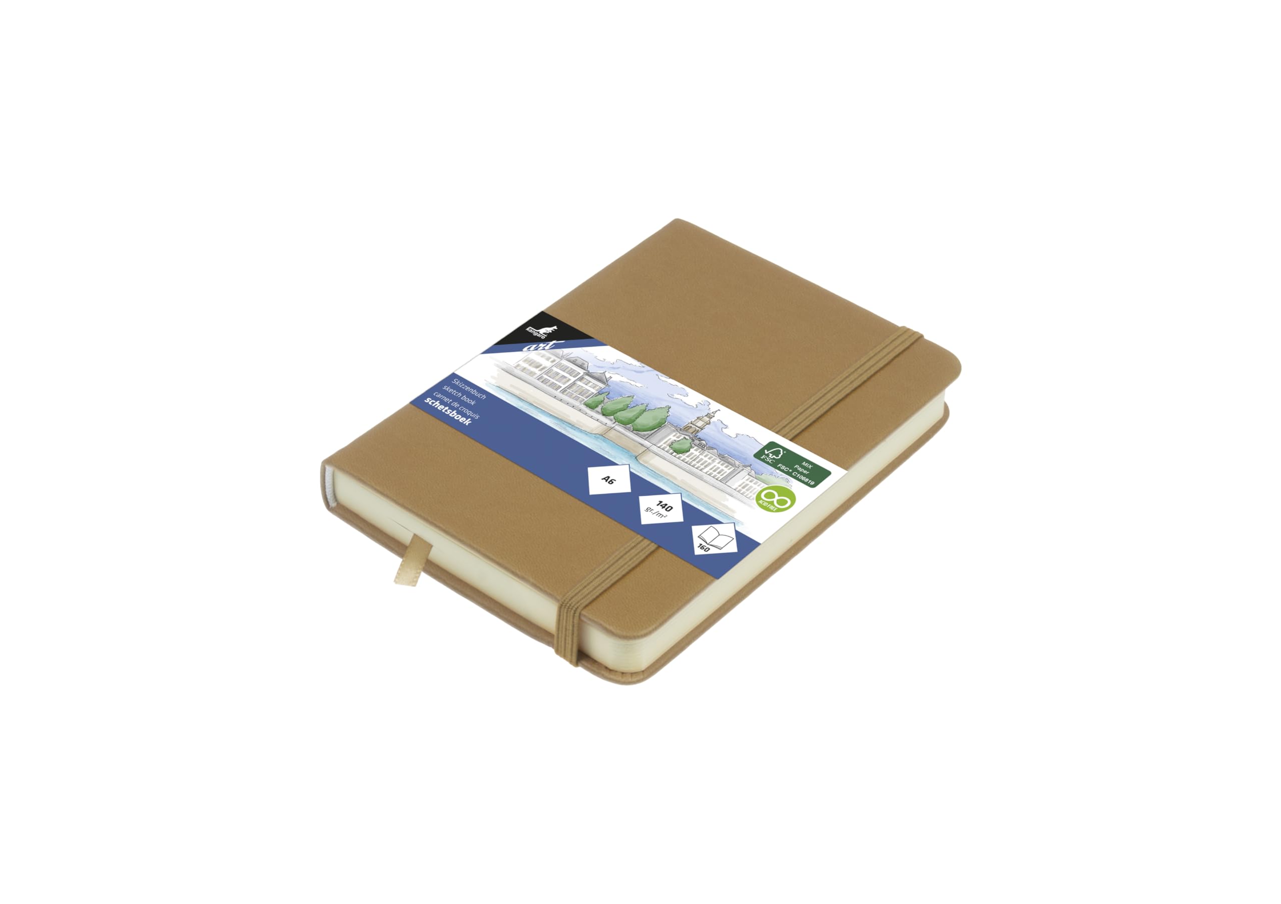Kangaro Art Sketchbook A6 Taupe PU Hard Cover 80 Sheets 140 g Cream Paper with Elastic Band and Ribbon