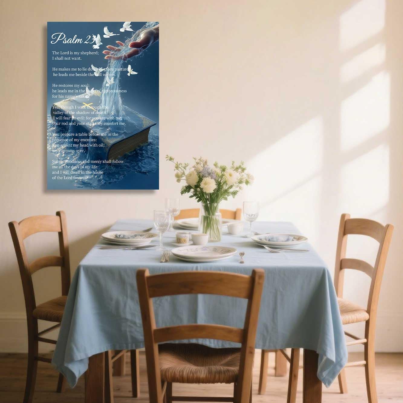 ZSHARTSWD Psalm 23 Wall Art Bible Verse Picture Scripture Canvas Print Dove of Peace and Cross Painting Religious Christian Artwork Church Prayer Decor Framed (Blue, 18L x 12W) - Image 3