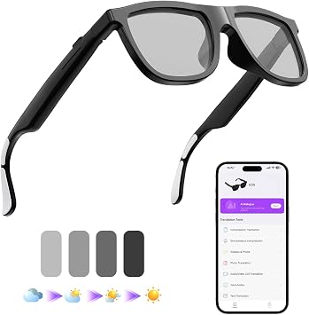 AI Smart Glasses for Men and Women Translation Glasses with 164 Languages and Color-Change Lens, Music Playback, Hands-Free Calls, UV Protection-Black