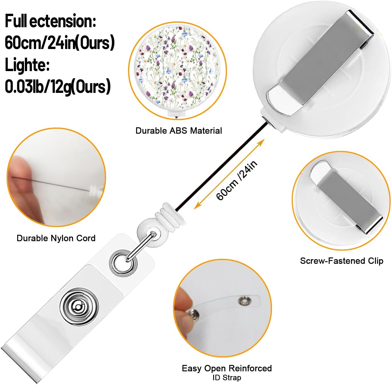 Badge Reels Retractable,Id Badge Holders Retractable,Badge Clips Retractable ID Card Holder for Teacher, Student, Office Worker(Cute Wild Flowers) - Image 5
