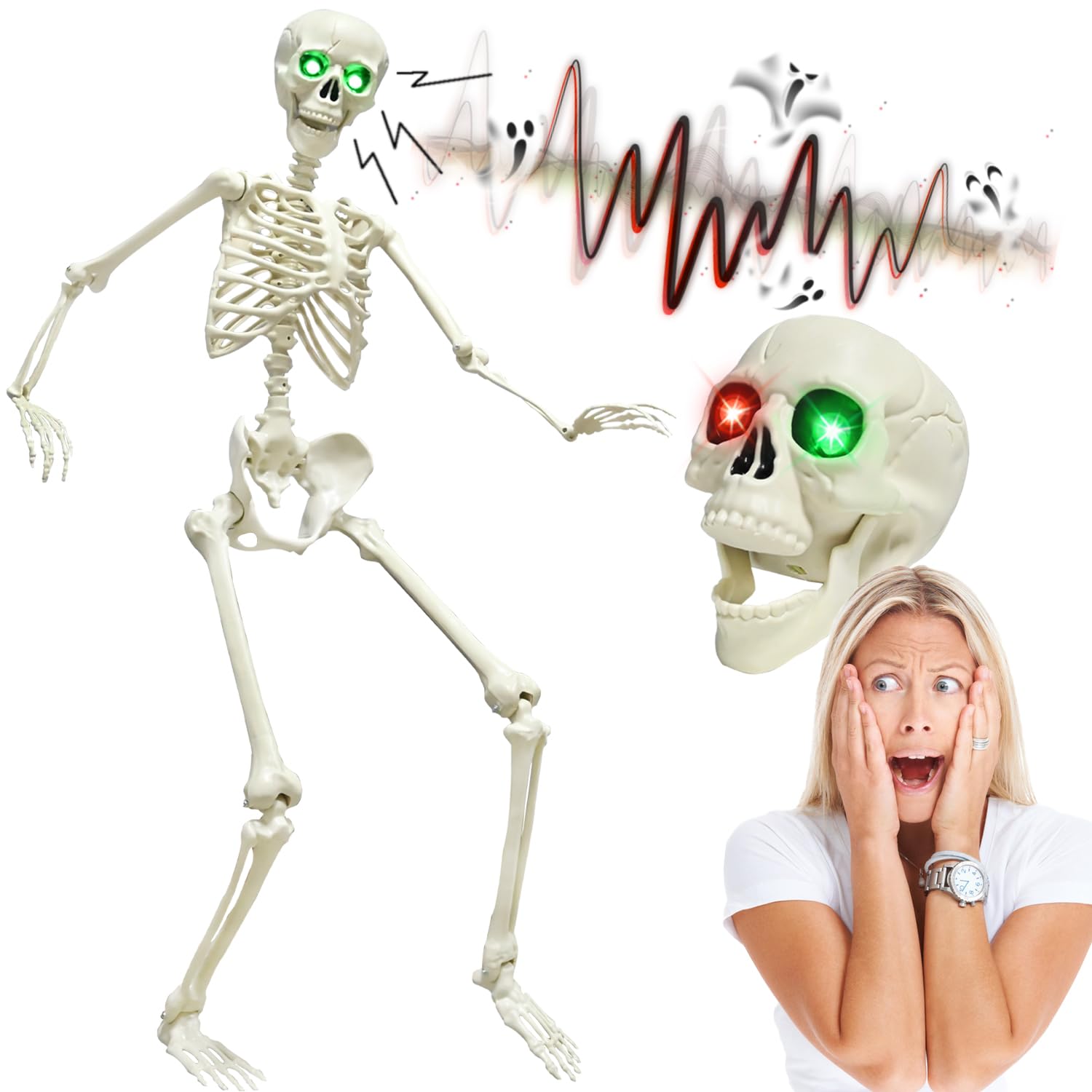 Esqueleto de Halloween de 165 cm, esqueleto de cuerpo completo con capa negra, huesos humanos de tamaño real para Halloween, patio delantero, patio, césped, jardín, accesorios de decoración de fiesta