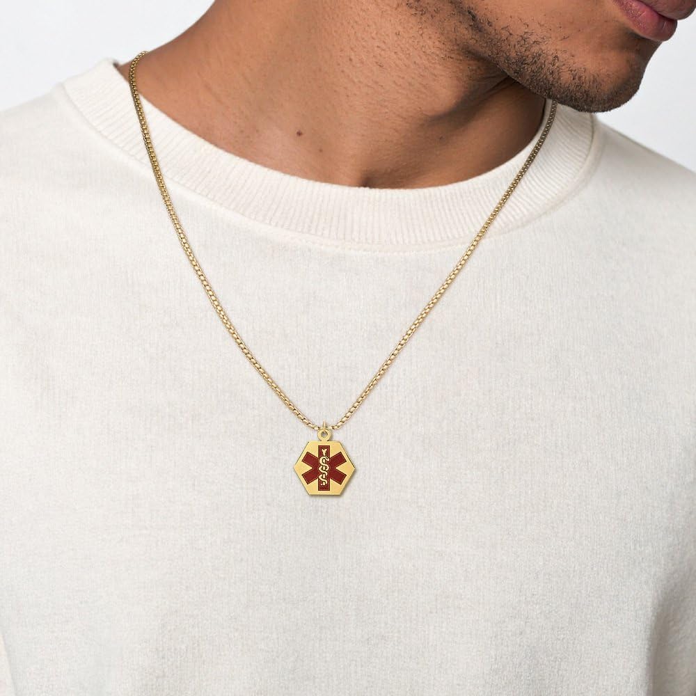 IceCarats 14K Solid Yellow Gold Large Medical Alert Medal Pendant Necklace 27mm 1.1 inch Polished, Engravable For Her For Him