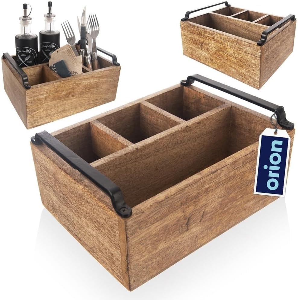 orion group Holzbehälter Besteckhalter Besteckkorb Besteckkasten Besteckständer mit 4 Fächern für Besteck Saucen Servietten und Gewürze