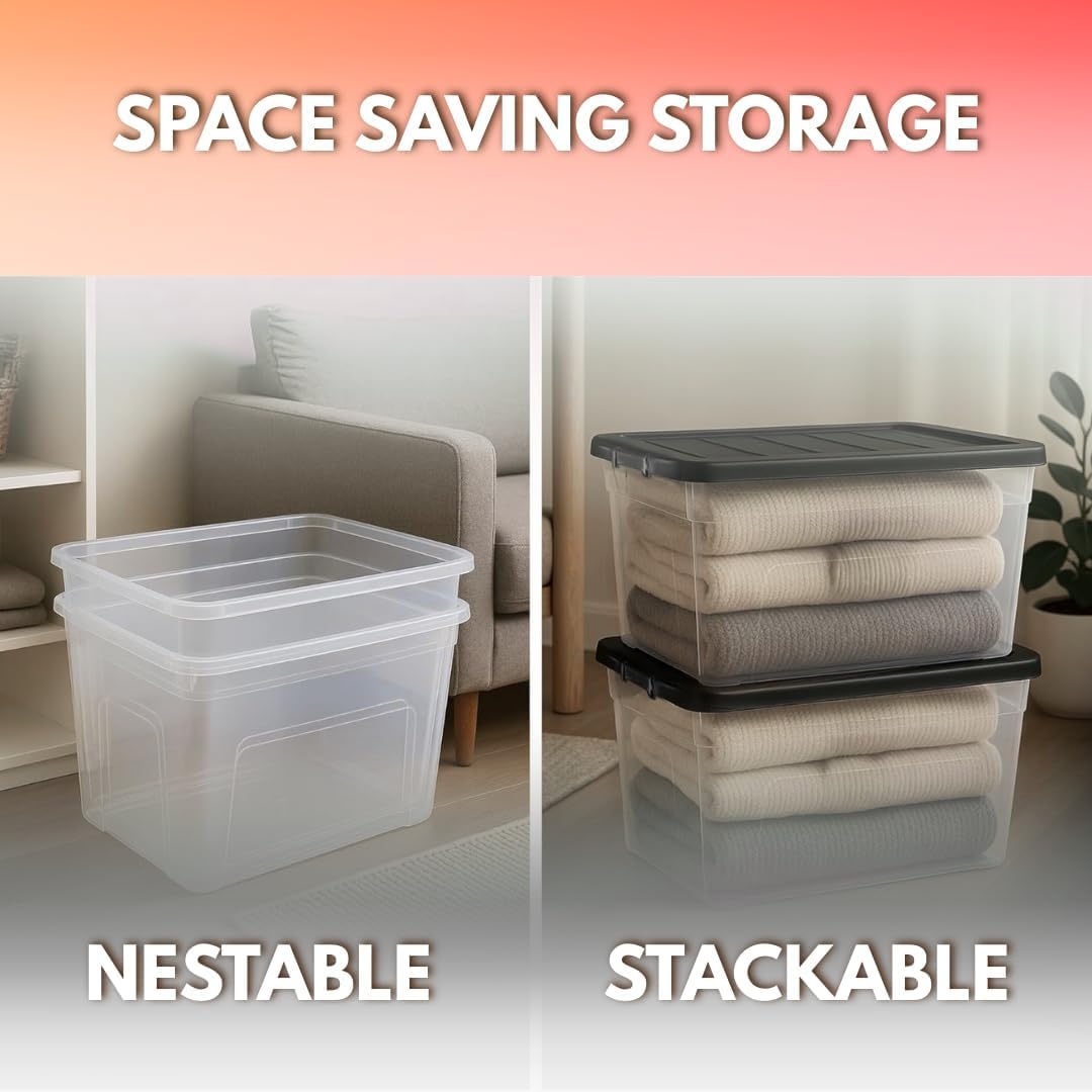 Marco Paul Aufbewahrungsbox aus Kunststoff mit schwarzem Deckel, mittelgroß, langlebig, stapelbare und nestbare Aufbewahrungsbehälter für Zuhause, Garage, Büro und Schule, 3 x 50 l