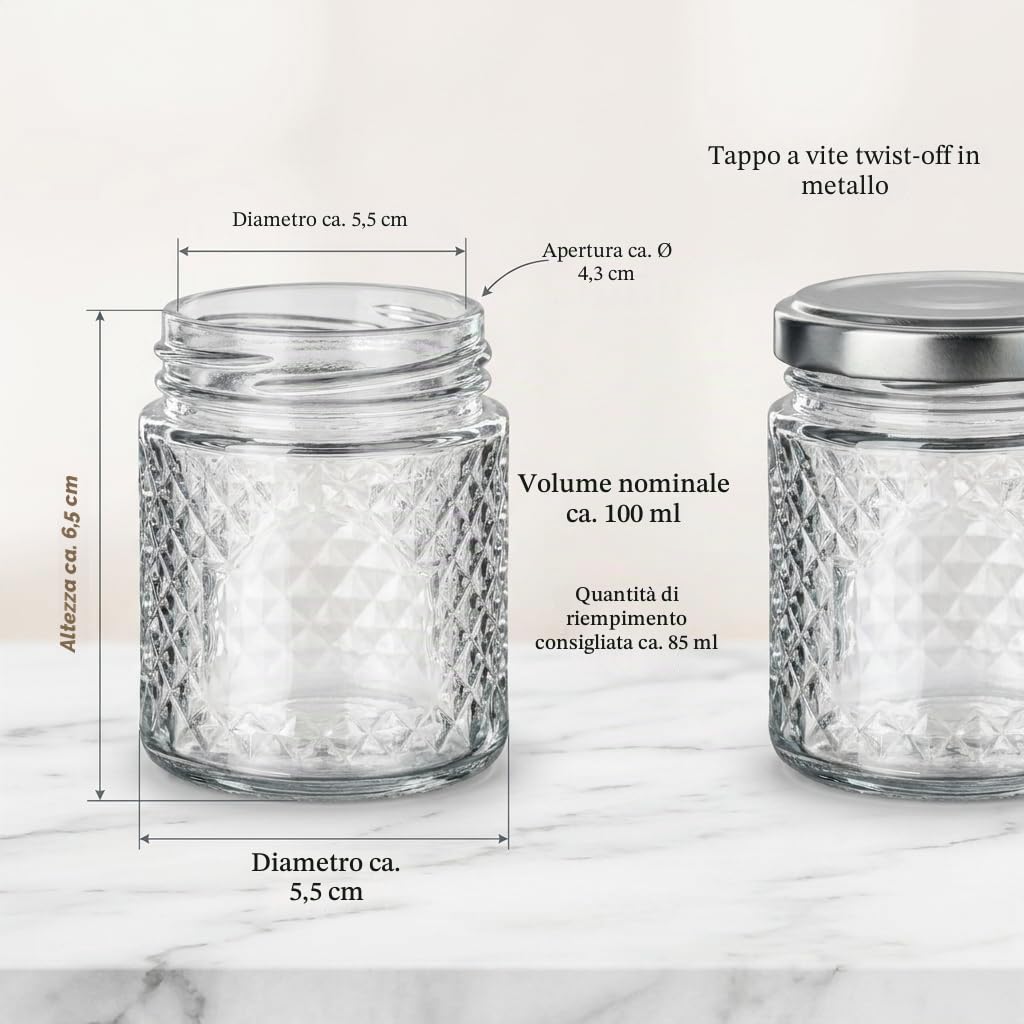 gouveo Set di 18 vasetti 100 ml rotondi in vetro cristallo con coperchio a vite argentato – Vasetti vuoti per conserve e conservazione – Piccoli barattoli decorativi con motivo a diamante (EGK150S)