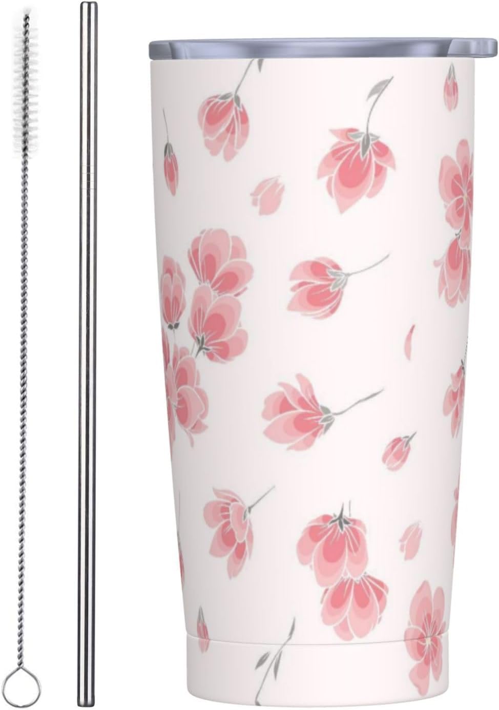 YIKISSKID Pink Floral 20oz Tumbler with Lid and Straw for Women, Pink Cherry Blossoms Floral Insulated Mug Watercolor Cherry Blossom Stainless Steel Tumbler Double Wall Vacuum Travel Mug Coffee Cup