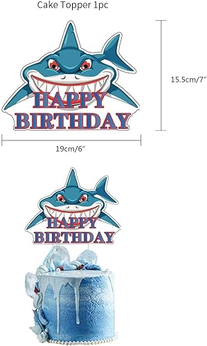 Miniatura 6 de Juego de decoración de fiesta de cumpleaños con temática de tiburón, incluye pancarta de feliz cumpleaños, decoraciones de pasteles, globos