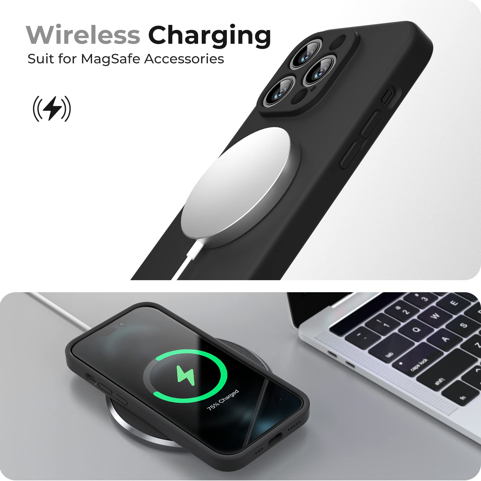 GOODVISH 3 in 1 Cover in Silicone per iPhone 14 Pro 6,1" (2022), con 2 Pezzi di Pellicola Protettiva, iPhone 14 Pro Custodia per Cellulare Antiurto Resistente 360° Protezione, Nero