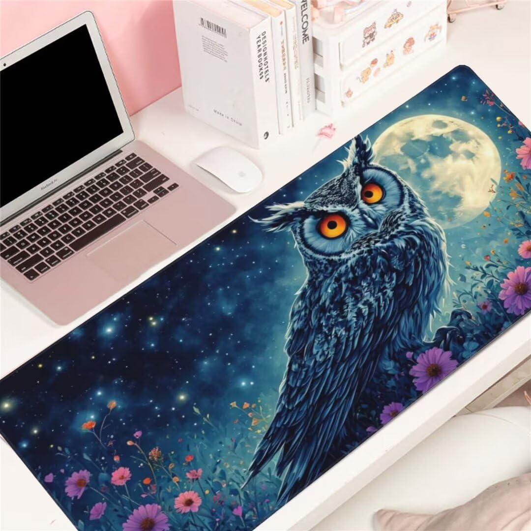 Alfombrilla de ratón 1400x600x3 MM, Alfombrilla Ratón XXL Extendida de Gran Tamaño con Bordes Cosidos, Base de Goma Antideslizante Almohadilla para Teclado, Búho de la Luna S-12389