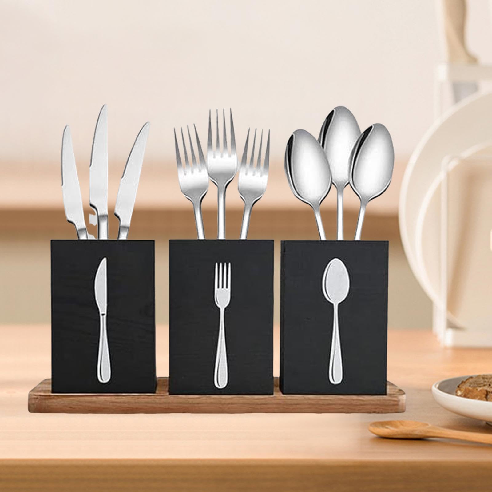 Porta Utensilios de Cocina, Porta Cubiertos, Organizador de Utensilios de Encimera de Madera con Bandeja, Organizador de Cubiertos para Cocinar Y para, Negro, tal como se describe