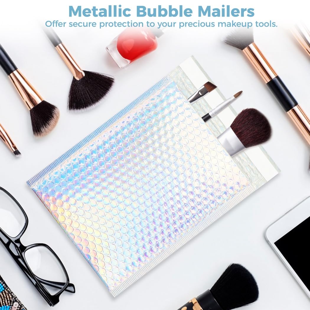 50 buste metalliche a bolle d'aria, olografiche glamour con chiusura autoadesiva, buste imbottite con fodera a bolle per telefoni, gioielli, strumenti per il trucco
