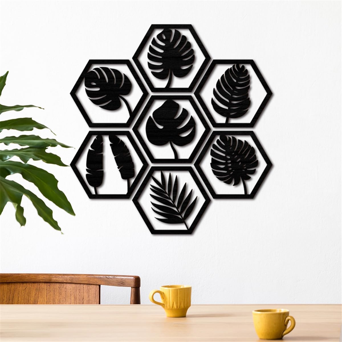 KimDaro 7 Pcs Tropical Wood Wall Decor 3D Wooden Palm Leaf Wall Art,Hexagonal Nature Leaves Plant Wall Panels, Boho Wall Sculptures, 3D Hollow Leaves Wooden Decors, for Home Bathroom Office