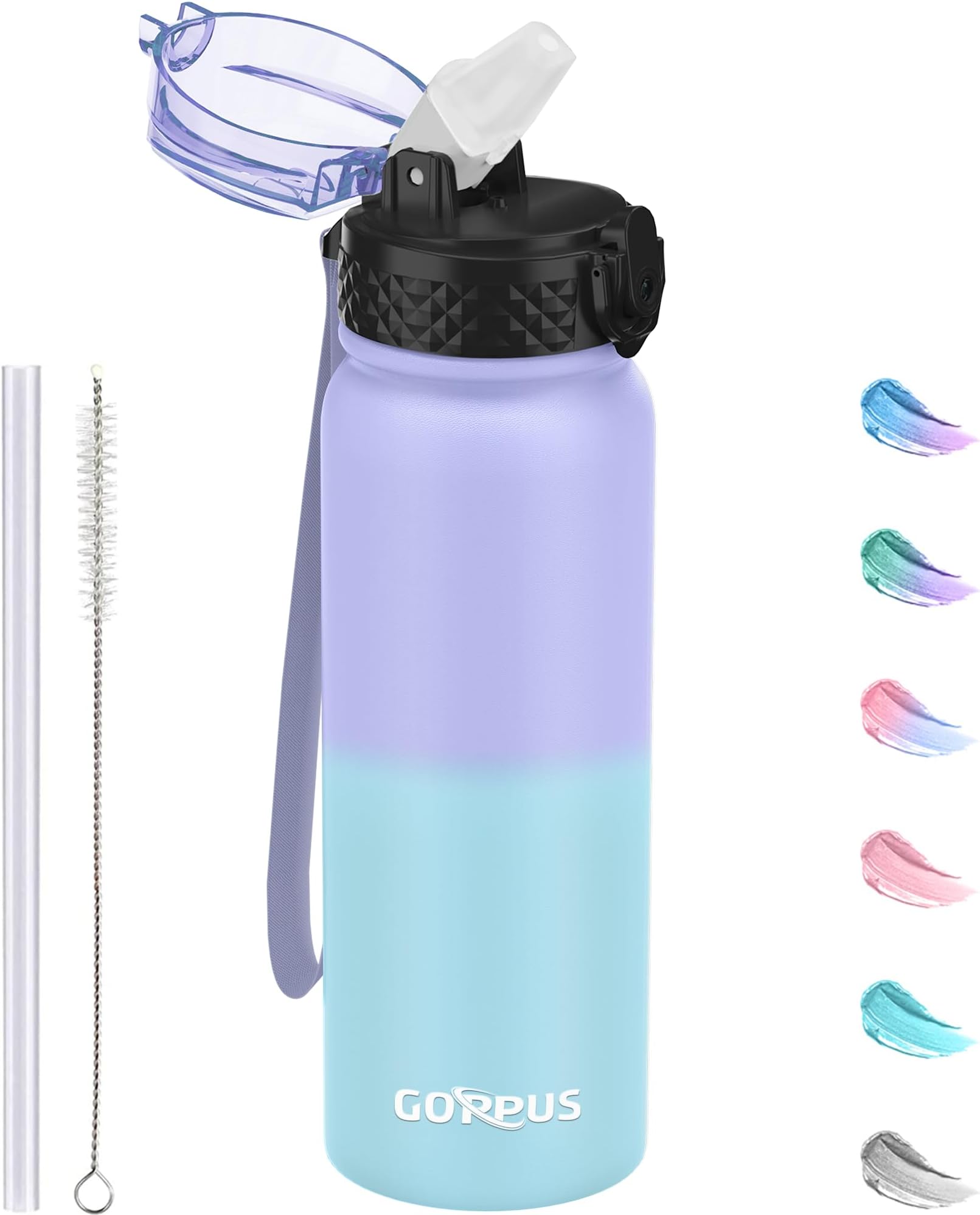 600ml/20oz Stainless Water Bottle with Straw Double Wall Insulated Bottles with e Hand Open Vacuum Thermal Flask with Flip Top Lid Leakproof Keep Cold Drinks BPA Free (Purple Blue)