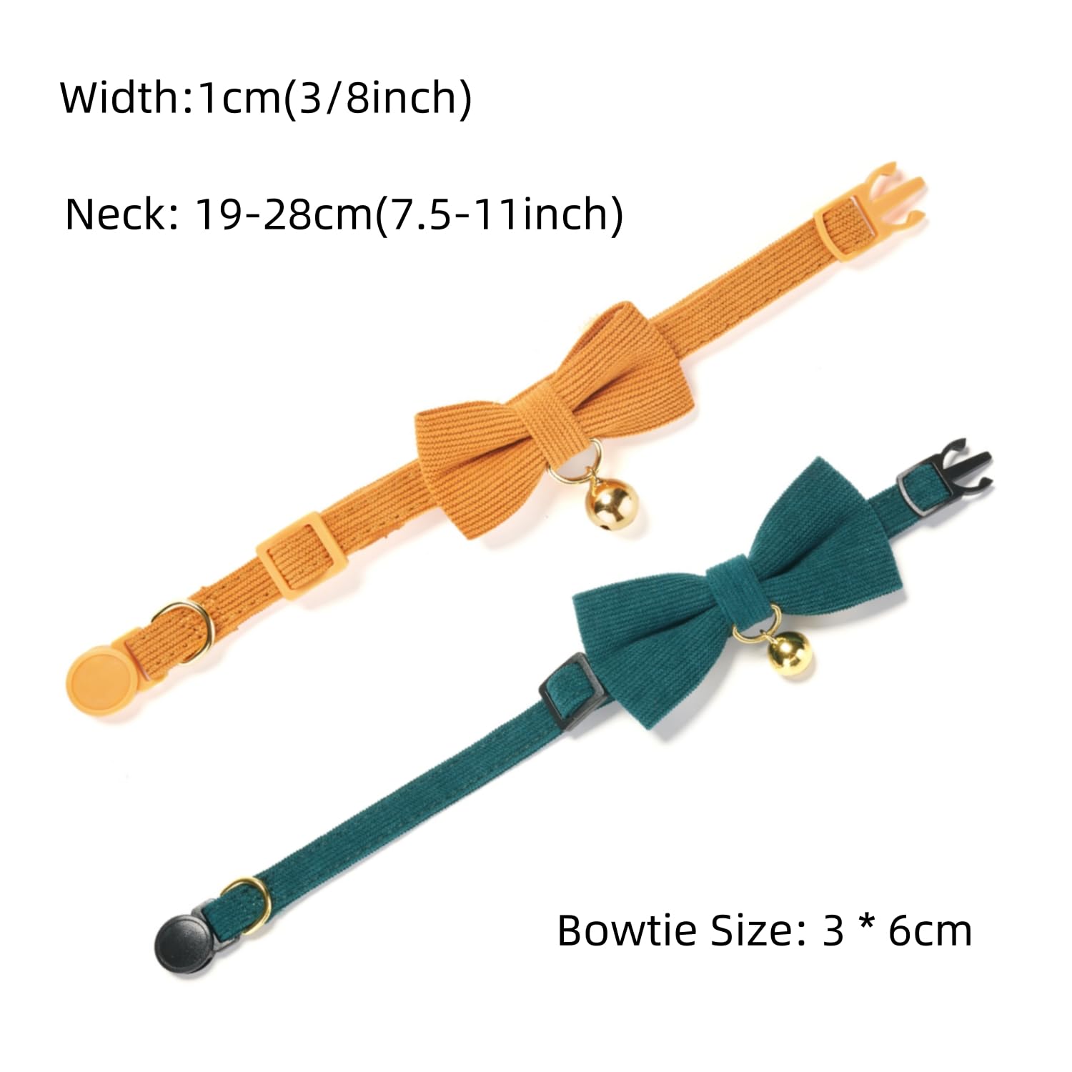 Petiry Soft Corduroy Cat Collars - Breakaway Kitten Collars with Removable Bow Ties & Gold Bells,Pack of 2,Green Orange - Image 2