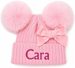 Personalised Baby Hat, Double Faux Fur Poms, Knitted Beanie | 0–12 months, double faux fur poms, custom embroidered, soft warm beanie, knitted winter hat for baby boys and girls, cosy fit