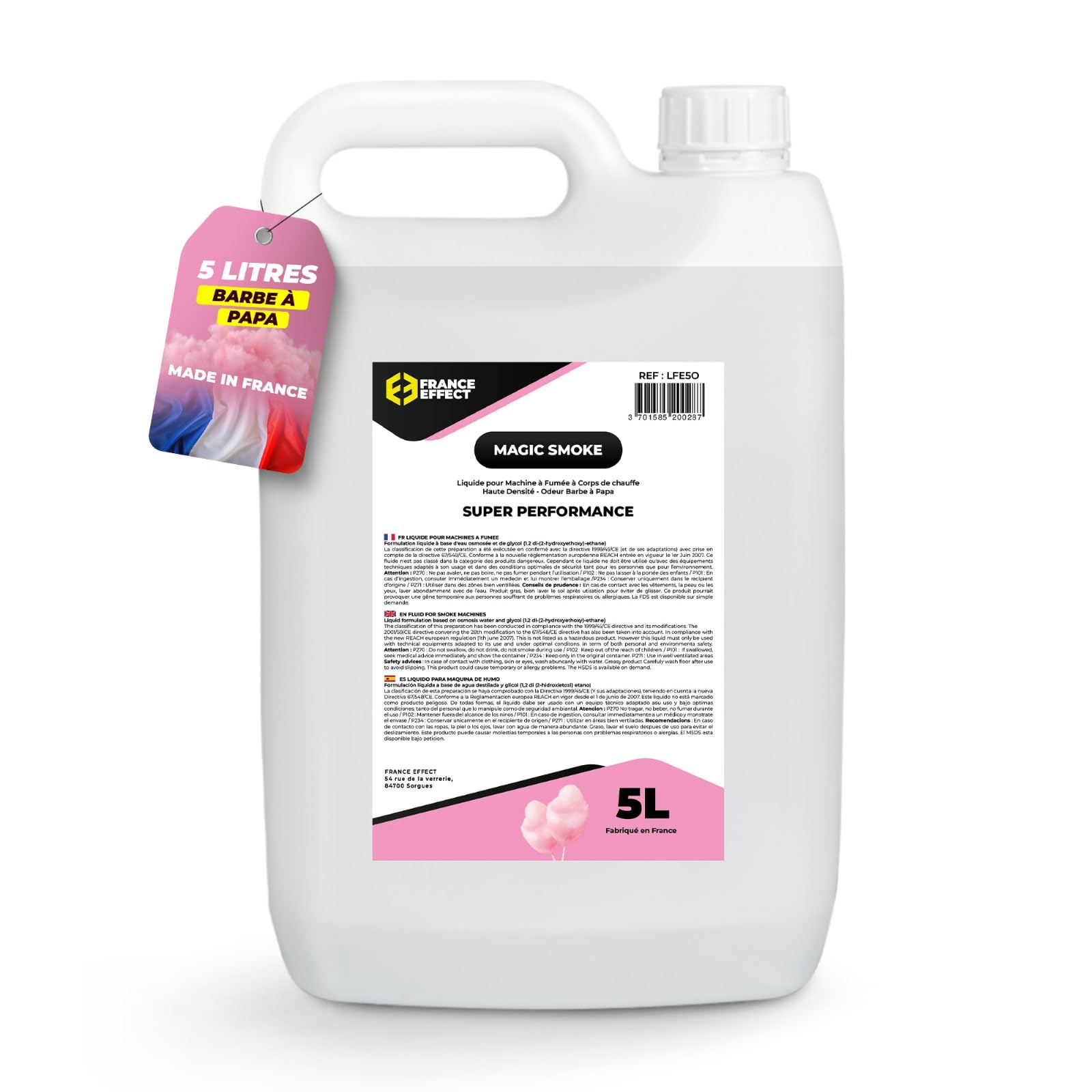 France Effect Magic Smoke® 5L Liquide à fumée parfumé à la barbe à papa - Liquide fumée haute densité pour les machines à fumée - Parfait pour les événements et les attractions - Fabriqué en France