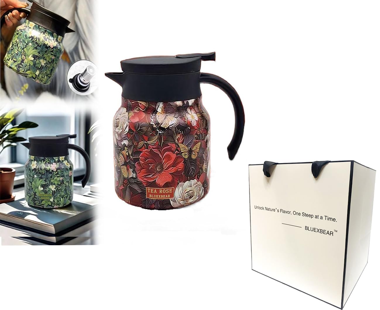 Vintage Floral Pattern Tea pot with infuser, Tea pot with infusers for loose tea, Stainless Steel Thermal Carafe with Lid for Hot Drinks(Red, Plastic