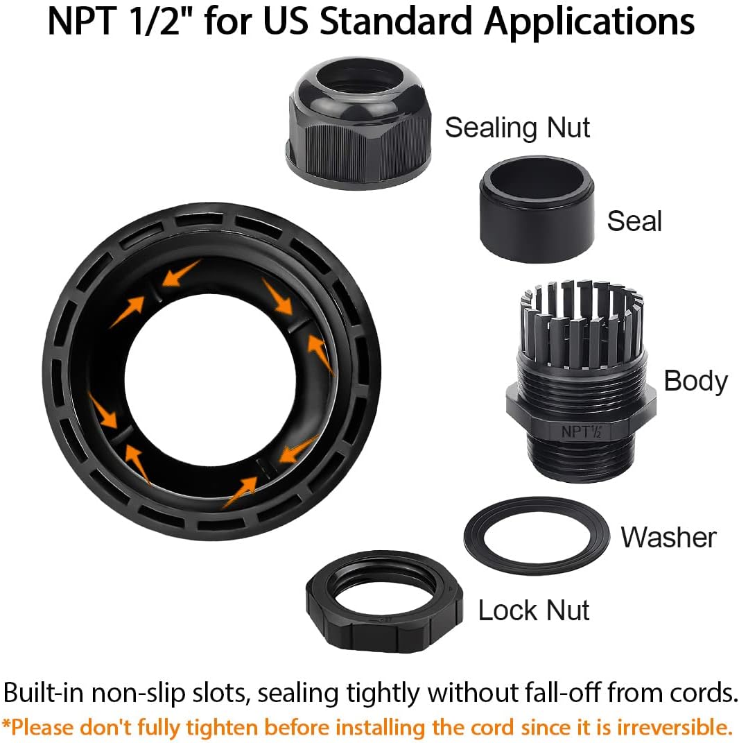 LeMotech 50 Pack NPT 1/2" Cable Glands Waterproof Adjustable 6-12mm Cable Connectors Black Nylon Joints with Gaskets