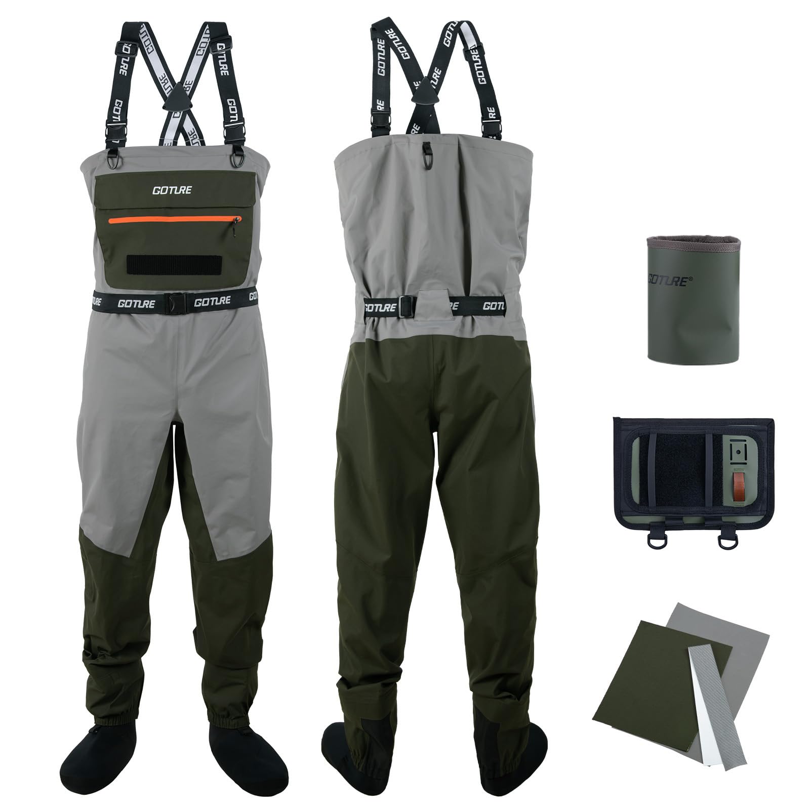 Goture 5-Layer Breathable Stocking Foot Waders & Waist Gear, 5 Sizes | Waterproof Fly Fishing Waders with Handwarmer, Multi-pockets, Waist Belt, Fishing Chest Wader for Men, Ready to Gift