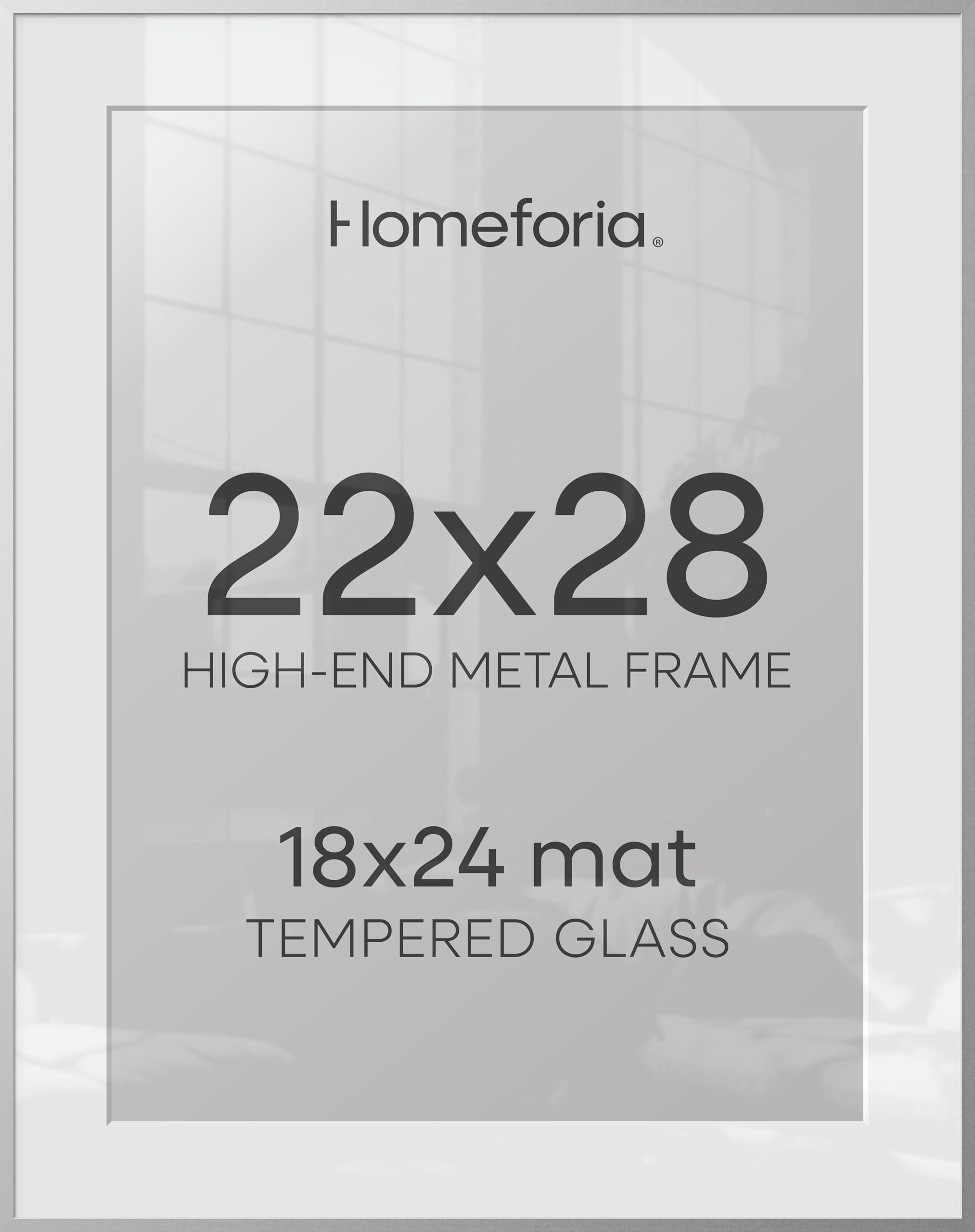 Homeforia Silver 22x28 Picture Frame, Rectangular Metal Poster Frame with Mat, 22 x 28 Frame Matted to 18 x 24 Photo, Wall Mount, Minimalist Style, Tempered Glass, Wall Hook Included
